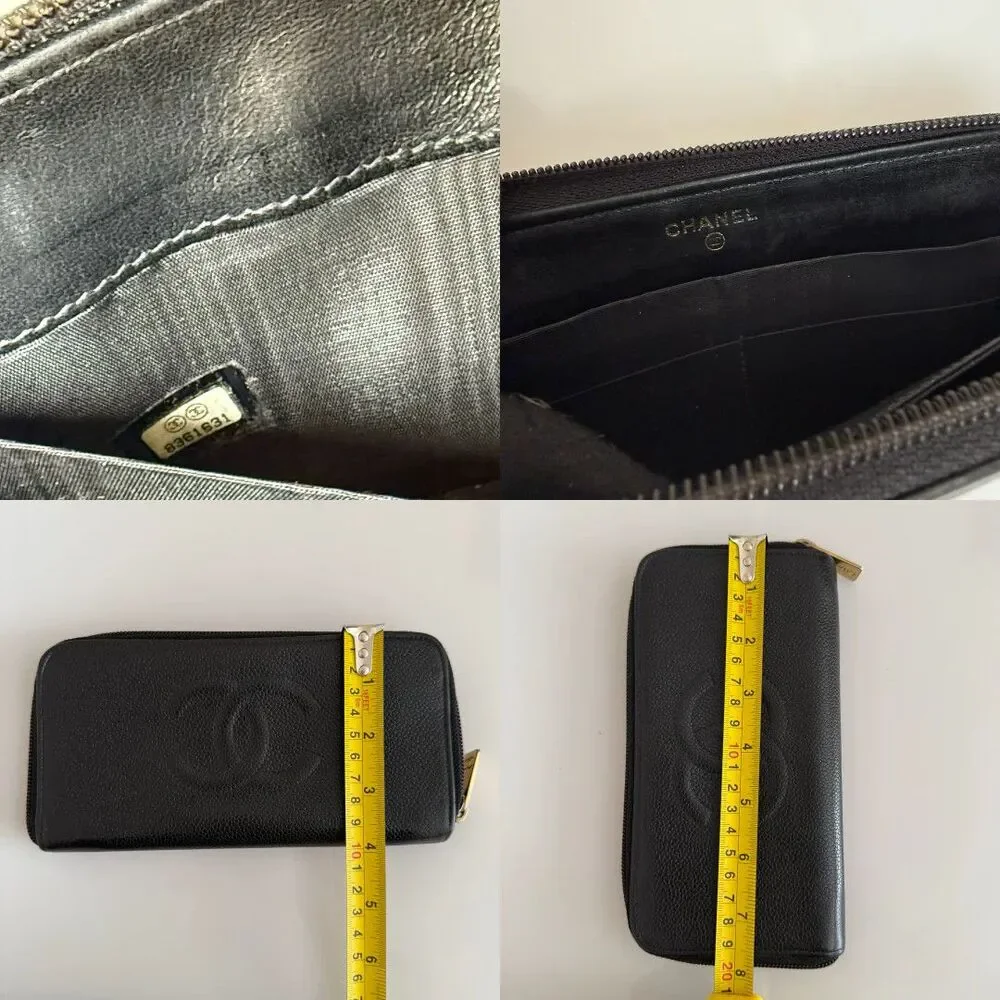 Chanel CC caviar black leather long zip around wallet authentic with COA gold t